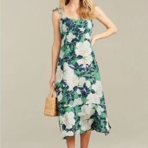 Roller Rabbit Clovis Quinn Floral Dress Green Midi Flutter Strap Sleeve SZ Small